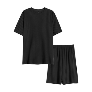 <span class=keywords><strong>Pijama</strong></span> de algodón de verano gris oscuro para <span class=keywords><strong>hombre</strong></span>, cuello redondo, manga corta, ropa de casa suelta a rayas, <span class=keywords><strong>tela</strong></span> de punto - Product Image 1