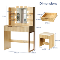 Coiffeuse en MDF rainuré couleur personnalisée avec miroir éclairé, 2 tiroirs et tabouret, finition grain de bois