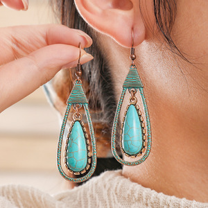 Bohemian Tassel <b>Drop</b> Earrings Alloy Antique <b>Bronze</b> Plated Turquoise Women's Party Jewelry Fashion Dangle Earrings - Product Image 2