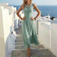 Robe longue d'été sans manches pour femme, style vintage, taille haute, coupe trapèze, ample, en polyester, avec lien croisé à la taille, idéale pour la plage