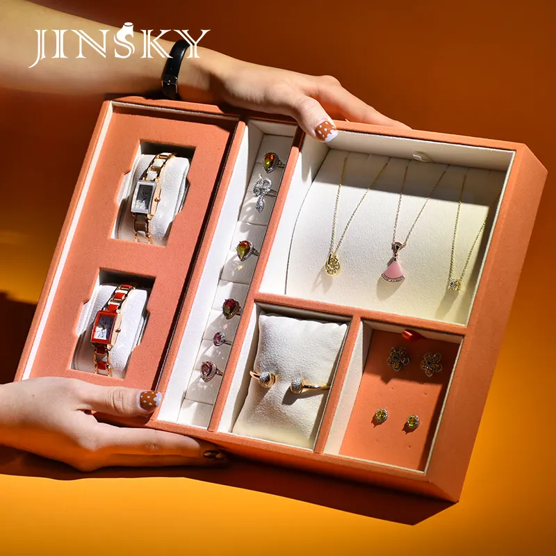 JINSKY-caja de exhibición de joyería de lujo, diseño de cajón de cuero, alta capacidad, pendiente, pulsera, reloj, colgante, organizador de almacenamiento