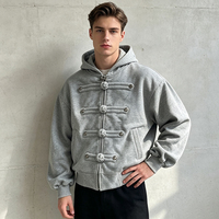 Hoodie épais personnalisé, style streetwear, mode designer, coupe oversize et courte, avec boutons grenouille, effet délavé et usé, fabricant