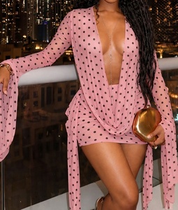 Viviblook Z409DS Robe d'été sexy pour femme, dos nu, froncée, manches longues, imprimé pois, décolleté plongeant, mini-robe moulante de soirée - Product Image 6