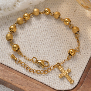 Pulsera de acero inoxidable italiano mate con cuentas y cruz de Jesús, ajustable, al por mayor, para mujer - Product Image 1
