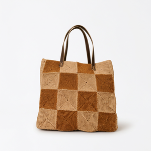 Sac pour femme en raphia fait main au crochet, motif damier géométrique, marron et noir, deux poignées, style bohème, ouverture supérieure, en coton, avec fermeture éclair - Product Image 2