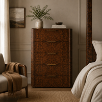 Commode haute à 5 tiroirs en bois de racine d'arbre, coffre de rangement de luxe en bois exotique, artisanal, collection prestigieuse pour suite parentale