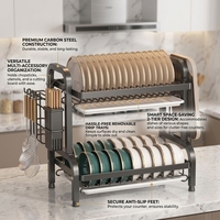 Support de rangement étanche en acier noir pour couteaux, fourchettes et cuillères, organisateur de vaisselle peu encombrant, égouttoir amovible pour assiettes et bols avec égouttoir de drainage