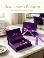 Pochette à bijoux en velours violet avec logo doré personnalisé, ruban et nœud, sac cadeau enveloppe pour mariage, collier, boucles d'oreilles, bague