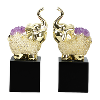 Figurines d'éléphants en métal en gros d'usine avec paire de cristaux d'améthyste naturelle, décoration Feng Shui pour la maison et le bureau, OEM disponible