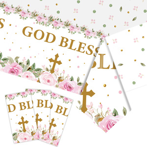 Mantel Desechable de Plástico Impreso con Flores Rosas para Bautizo, Diseño Moderno, <span class=keywords><strong>Dios</strong></span> Bendiga, para Niñas, Iglesia y Comunión - Product Image 1