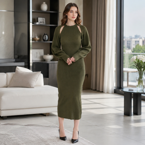 Sophisticated Custom Print Knit Two-Piece Outfit Crew Neck Midi Knit Dress Matching Shawl <b>Cardigan</b> for Ladies 2026 Fall - Product Image 5