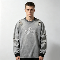 Sweat-shirt gris délavé à l'acide, col rond, avec motif montagne enneigée en strass, plusieurs grands trous déchirés, coupe oversize, style streetwear