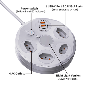 Brazilië Stopcontact Odm Oem 4 Ac Stopcontacten 2 Usb Oplader 1 Type C 1.8M Verlengsnoer Duurzaam Abs Materiaal Nachtlampje 10a Home - Product Image 3