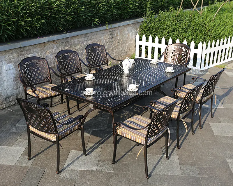 Promotional balcony dining set outdoor cast aluminium frame table and chair in 8 seat