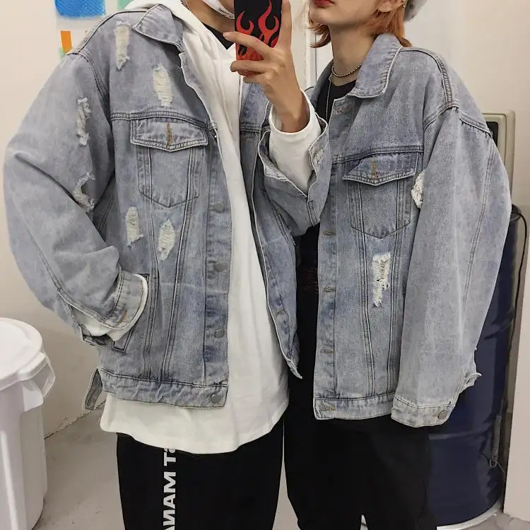 Оптовая продажа, экстремальная зимняя Корейская Свободная джинсовая куртка большого размера, винтажная Мужская куртка унисекс для подростков с дырками