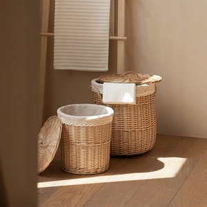 Custom <strong>Wicker</strong> Covered Modern Circle <strong>Laundry</strong> <strong>Basket</strong> Handmade Double Handle Storage Bin Guesthouse Bathroom Clothes Organizer - Product Image 1
