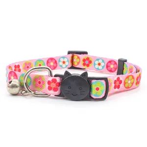 RTS Pink Floral printed Nylon Strap Safe Quick Release Buckle Dog Collar with bell bow dog collar