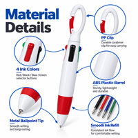 Stylo bille multicolore 4 en 1 avec clip mousqueton, stylo de poche portable, encre rouge, bleue, verte, noire, cadeau publicitaire, vente en gros