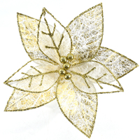Flor de Poinsettia Navideña Blanca con Brillo Dorado, Flor de Tela de 10 Pulgadas para Decoración de Coronas, Guirnaldas y Árboles, Venta al por Mayor