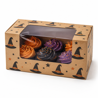 Boîte à cupcakes en kraft personnalisée avec impression de chapeau de sorcière d'Halloween, boîte à cupcakes en papier avec fenêtre, emballage de boulangerie écologique en gros
