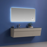 Meuble-lavabo minimaliste moderne à fermeture en douceur avec charnière et simple vasque en céramique avec miroir LED