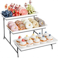 Ensemble de plateaux de service rectangulaires à 3 niveaux en mélamine et métal |   Plateaux réutilisables pour desserts, biscuits, fêtes, anniversaires