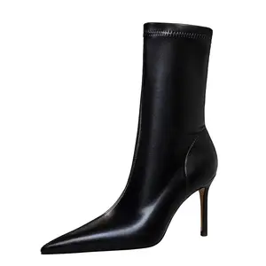 Factory Direct Sales Sexy schwarze Farbe Pointed Toe Stiletto High Heel Stiefel Ankle Heels Stiefel für Damen Short Boots