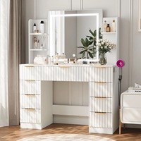 Coiffeuse de table en verre moderne blanc cannelé de style minimaliste avec miroir et tiroirs ondulés Espace de rangement abondant