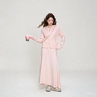 Ensemble deux pièces en maille de coton doux de luxe pour femme, haut à col rond et épaules tombantes, pantalon décontracté, tenue d'intérieur confortable et détendue