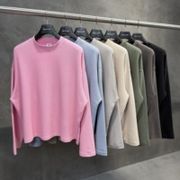 T-shirt à manches longues en maille gaufrée 280G avec logo personnalisé pour homme, coupe oversize, effet vintage délavé, épais, thermique, streetwear, col rond, vierge