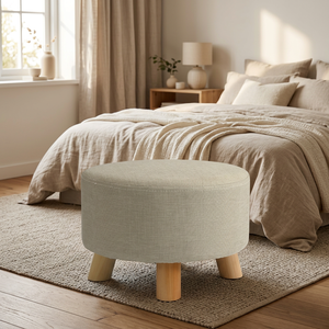 Otomana Redonda Moderna de Tela con Patas de Madera, Estilo Escandinavo, Reposapiés para Dormitorio, Muebles para el Hogar - Product Image 1