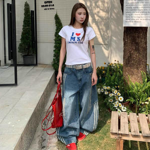 Nouveau jean en denim délavé rétro américain à trois bandes, patchwork, coupe scimitar, mignon, unisexe, coupe bootcut, pantalon long - Product Image 3