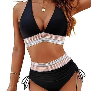 European and American Women's <b>High</b>-<b>Waisted</b> Bikini Split Color Abdominal <b>Swimsuit</b> with Drawstring Gathered 1 Piece Suit - Product Image 1