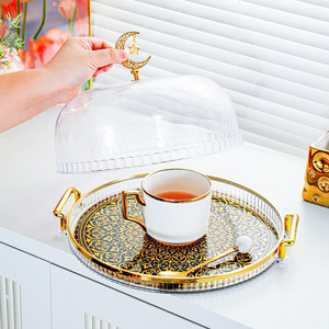 Gold Rimmed Transparent Fruit Plate With Lid Dessert Display <b>Stand</b> For Home Living Room Cake Pastry Serving Tray Plastic - Product Image 4