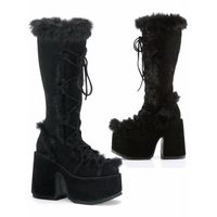 Bottes hautes en daim gothique d'hiver, bout rond, plateforme, neige, chaudes, talons épais, confort, à enfiler