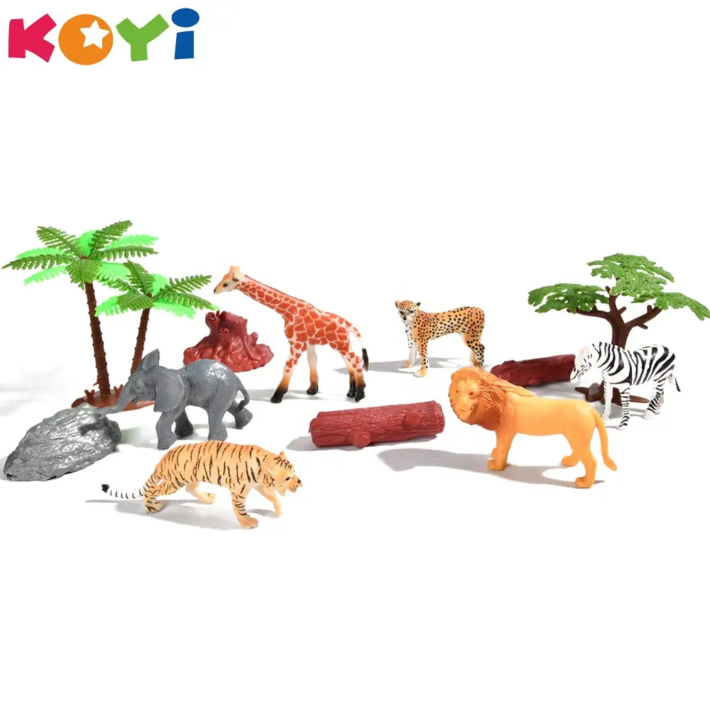 AMZ Hot Selling Educational Toy For Kids Wild Animal Toys Set PVC Animal Figure Toys Set With Rock and Tree