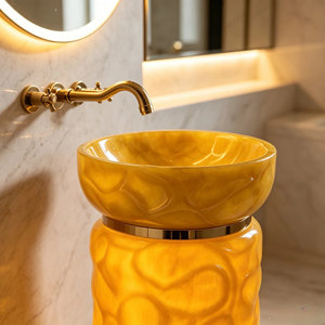 Lavabo colonne autoportant LED jaune translucide <span class=keywords><strong>de</strong></span> luxe, lavabo sur pied texturé à effet lumineux pour salle <span class=keywords><strong>de</strong></span> bain d'hôtel ou <span class=keywords><strong>de</strong></span> villa - Product Image 2