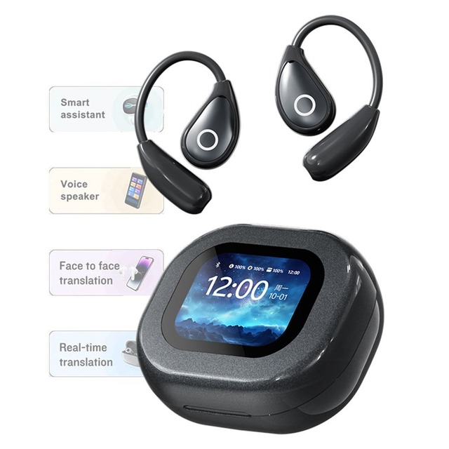 Comfort Earhook Wireless Earbuds with Housing Noise Isolation Full Color Smart Touch Screen MP3 Card Function and AI Translation