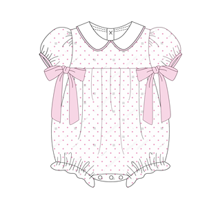Monogramma vendita calda abbigliamento personalizzato per bambini estate cotone rosa stampe a punti con fiocco decorazione Baby Bubble pagliaccetto - Product Image 1