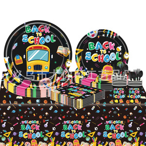 Ensemble de vaisselle pour fête de rentrée scolaire, assiettes en papier, gobelets, serviettes, 100 pièces, impression numérique ronde, respectueux de l'environnement - Product Image 1