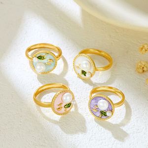Anillo Vintage Elegant <b>Adjustable</b> Painted Drip Oil <b>Ring</b> Flower Enamel Pearl Opening <b>Ring</b> Flower Copper Micro Inlaid Enamel <b>Ring</b> - Product Image 2