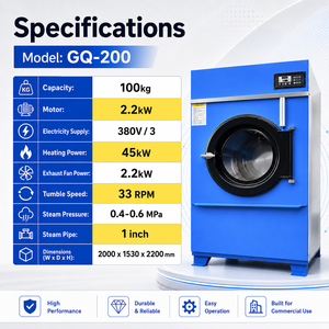 เครื่องอบผ้าอุตสาหกรรม GQ-200 ความจุ 100 กก. มอเตอร์ 0.2 กิโลวัตต์ 33 รอบต่อนาที 380 โวลต์ 3 เฟส ไอน้ำ 0.4-0.6 แรงดัน 0.4-0.6 เมกะปาสคาล สำหรับธุรกิจซักรีด - Product Image 3