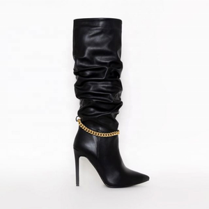 Botas Largas de Mujer hasta la Pantorrilla, con Punta Puntiaguda, Tacón Alto y Delgado, Cadena Negra, Botas Altas hasta la Rodilla, Nueva Moda, Talla Grande 43 - Product Image 3