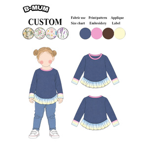 Camiseta de Manga Larga para Niñas Beme OEM de Alta Calidad, Color Azul Jaspeado, Mezclilla Lavada, con Dobladillo con Volantes Degradados y Puños en Contraste - Product Image 1