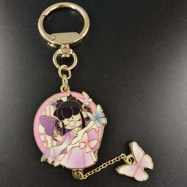 Custom Rose Gold Plated Keychain with Gradient Skirt and Butterfly Design Epoxy Coating Personalized Anime Metal Keyring