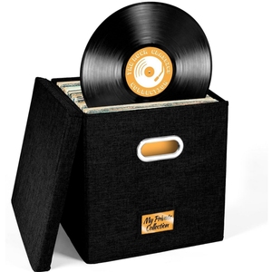 Boîte de <span class=keywords><strong>rangement</strong></span> multi-usages pour disques vinyles avec couvercle en toile et poignée pour plus de 50 LPs, organisateur de collection musicale à domicile - Product Image 1