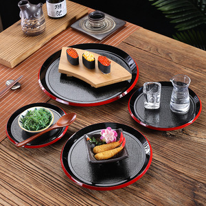 Plateau japonais rond imitation bois à double motif épée, assiette à dessert, plateau à thé, plateau à sushi nuage fluide, sukiyaki, japonais - Product Image 1