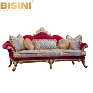 BISINI Elegante di Lusso In Legno Intagliato Divano Lungo, Oro Dipinto Tessuto Rosso Divano <span class=keywords><strong>Mobili</strong></span> di Design per Soggiorno - Product Image 1