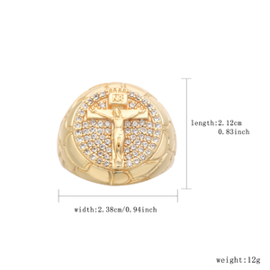 Anello da Uomo Personalizzabile in Ottone Placcato Oro 14K, Stile Hip Hop con Croce e Zirconi, Crocifisso di Gesù, Impermeabile - Product Image 2
