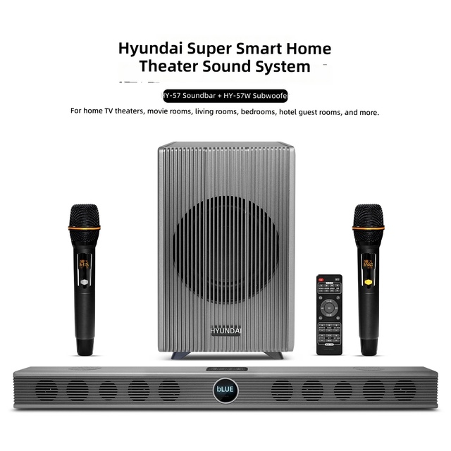 Hot Sale Soundbar + HY-57W Subwoofer Home Theater System, BT Karaoke Sound Bar With Dual Wireless Microphones & Remote Control